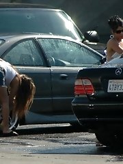 12 pictures - Candid upskirt, near the car. She washed car and flashed