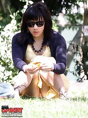 12 pictures - Upskirt. Voyeur up yellow skirt in public