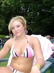 12 pictures - Three good looking blondes show asses in striped panties