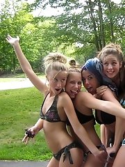12 pictures - Three good looking blondes show asses in striped panties
