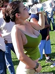 27 pictures - Tits jumping out from frisky bimbos' tiny tits