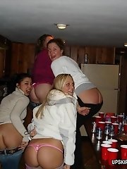 7 pictures - Three females bending over and taking off panties