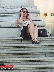 12 pictures - Upskirts on stairs. Sexy cutie voyeured sitting